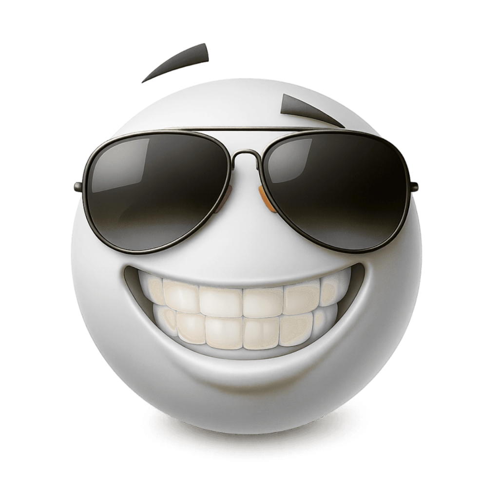 A cool light gray emoji wearing sunglasses with a wide, confident grin.