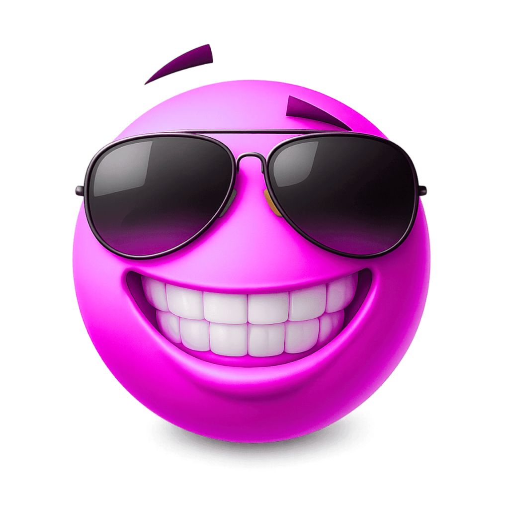 A cool pink emoji wearing sunglasses with a wide, confident grin.