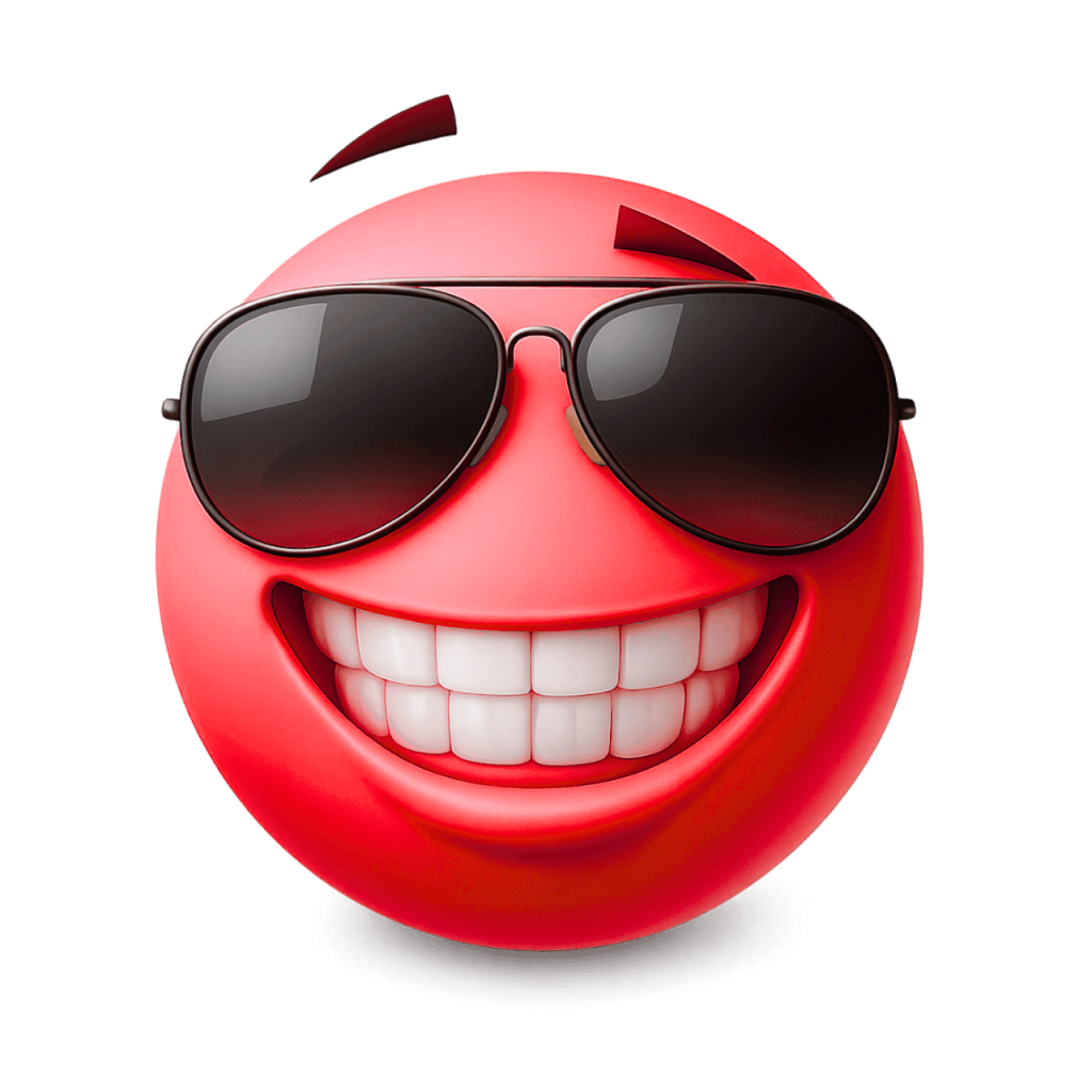 A cool red emoji wearing sunglasses with a wide, confident grin.