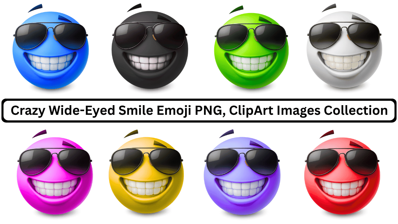 A colorful collection of cool grinning emojis wearing sunglasses, perfect for clipart.