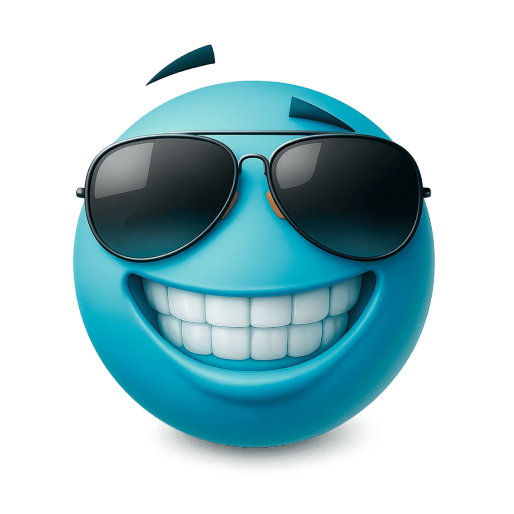 A cool teal emoji wearing sunglasses with a wide, confident grin.