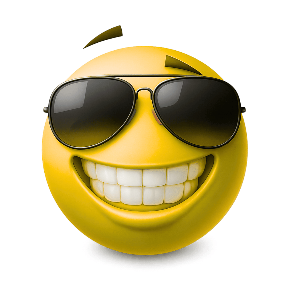 A cool yellow emoji wearing sunglasses with a wide, confident grin.