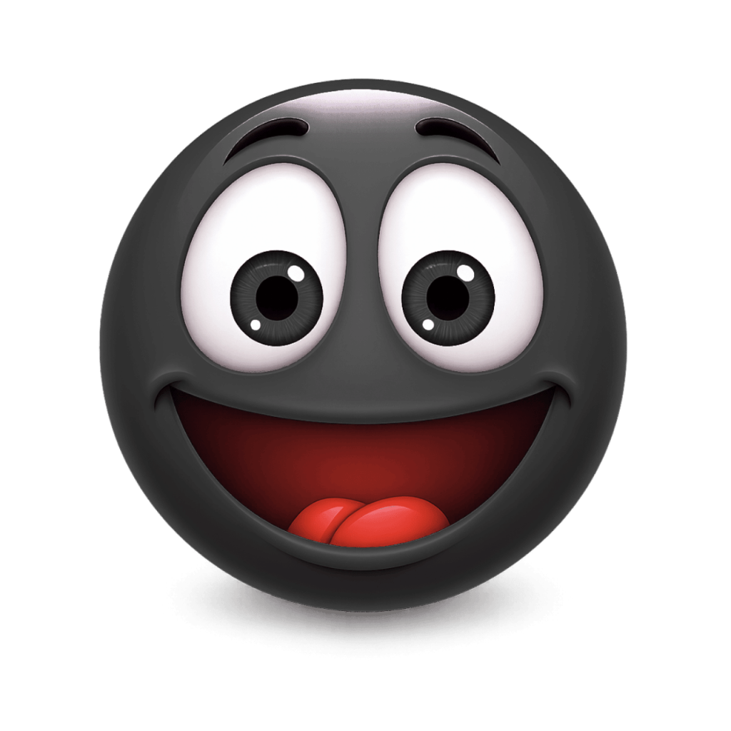 Black emoji with a crazy wide smile and big, expressive eyes on a black background.