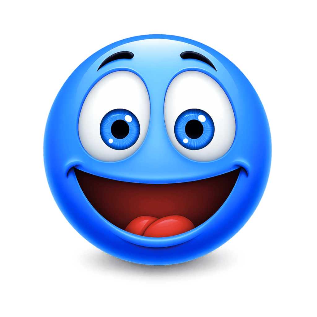Blue emoji with a crazy wide smile and big, expressive eyes on a black background.