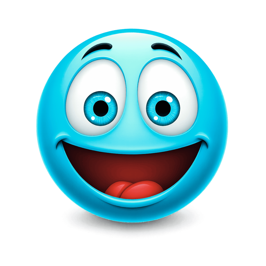 Cyan emoji with a crazy wide smile and big, expressive eyes on a black background.