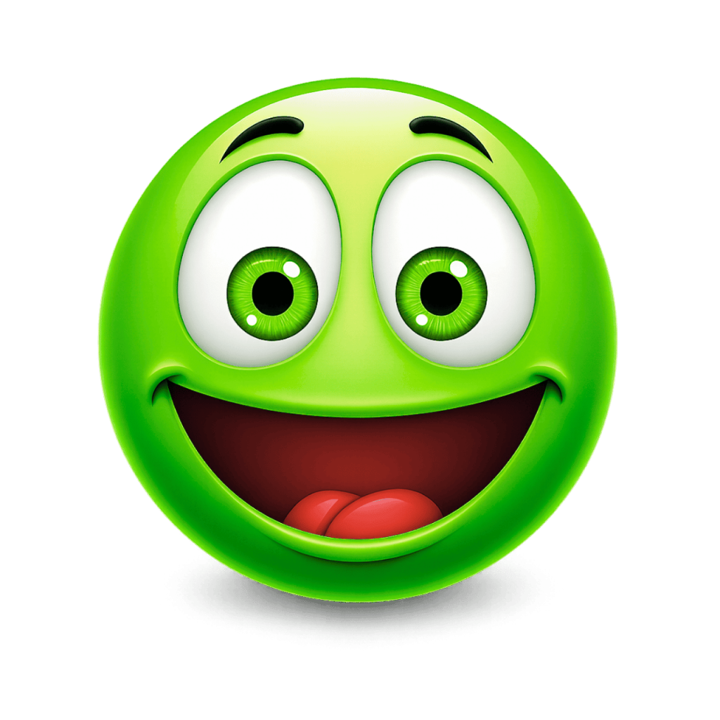 Green emoji with a crazy wide smile and big, expressive eyes on a black background.