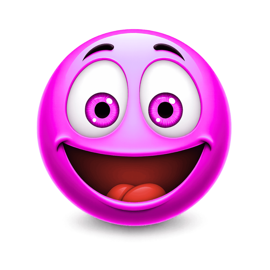 Pink emoji with a crazy wide smile and big, expressive eyes on a black background.