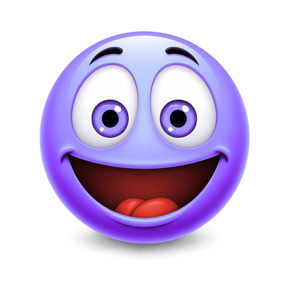 Purple emoji with a crazy wide smile and big, expressive eyes on a black background.