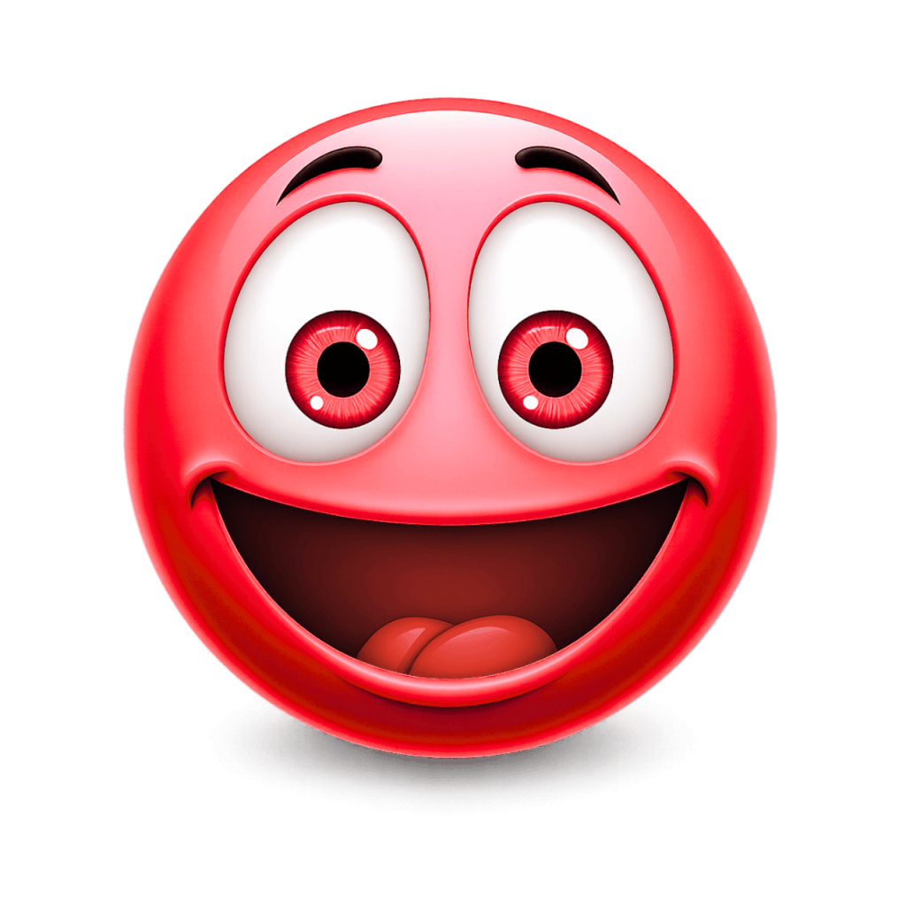 Red emoji with a crazy wide smile and big, expressive eyes on a black background.
