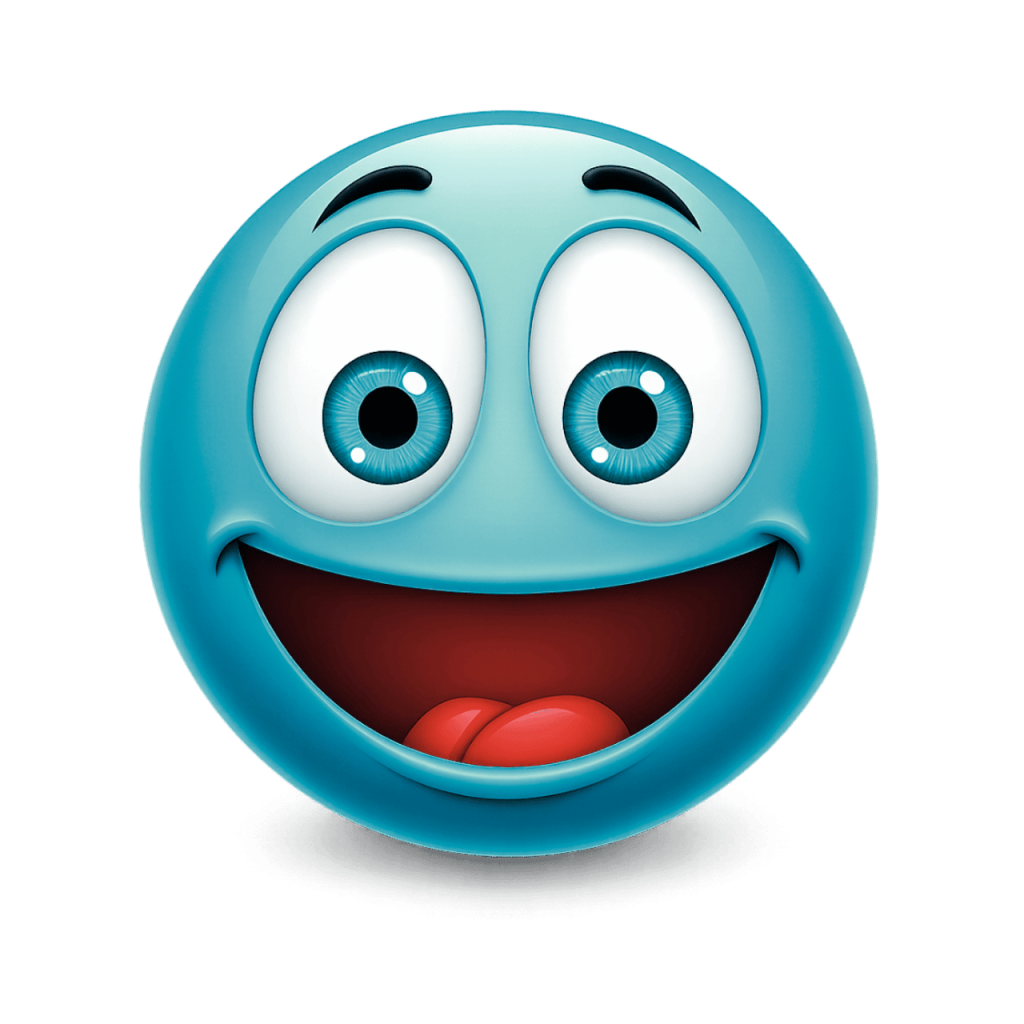 Teal emoji with a crazy wide smile and big, expressive eyes on a black background.