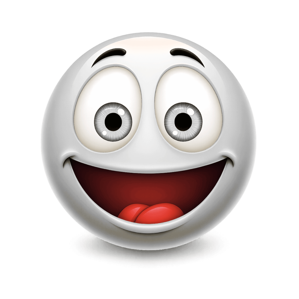 White emoji with a crazy wide smile and big, expressive eyes on a black bac