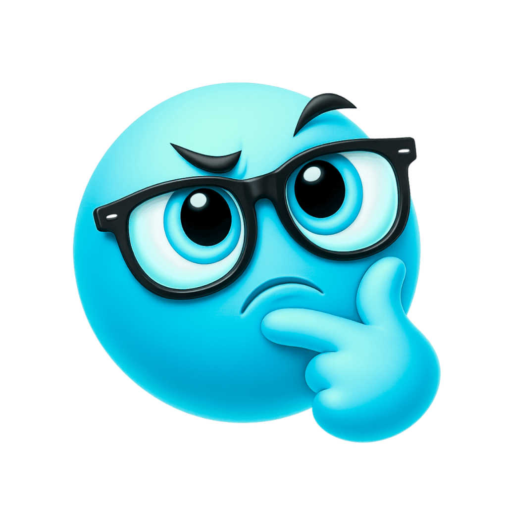 A cyan nerd-thinking emoji wearing glasses, with a hand on its chin, deep in thought.