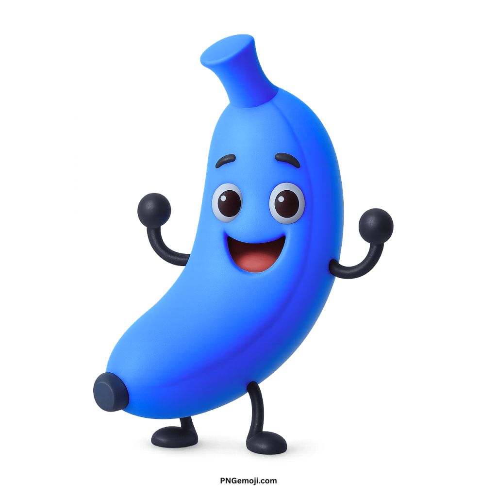 Funny 3D blue banana character smiling with arms up, joyful cartoon