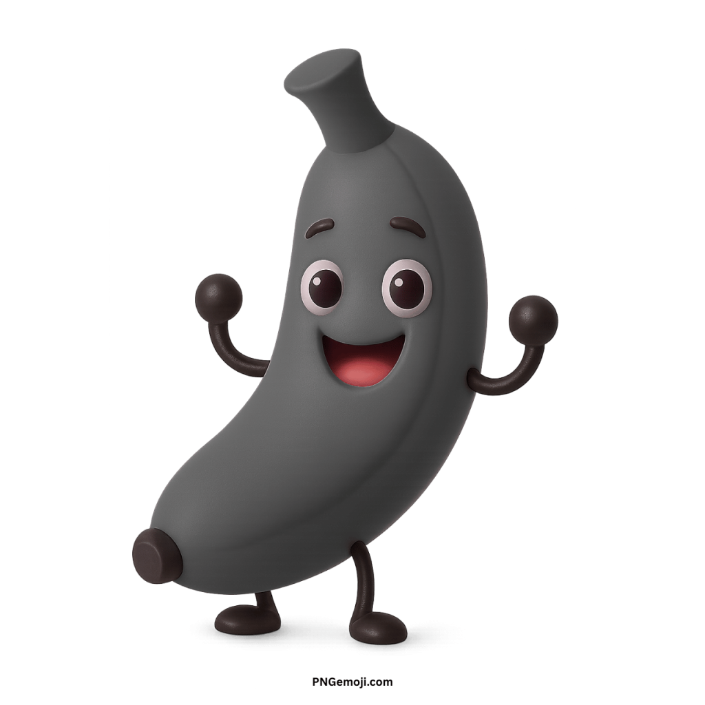 Funny 3D grayscale banana character smiling with arms up, cheerful cartoon
