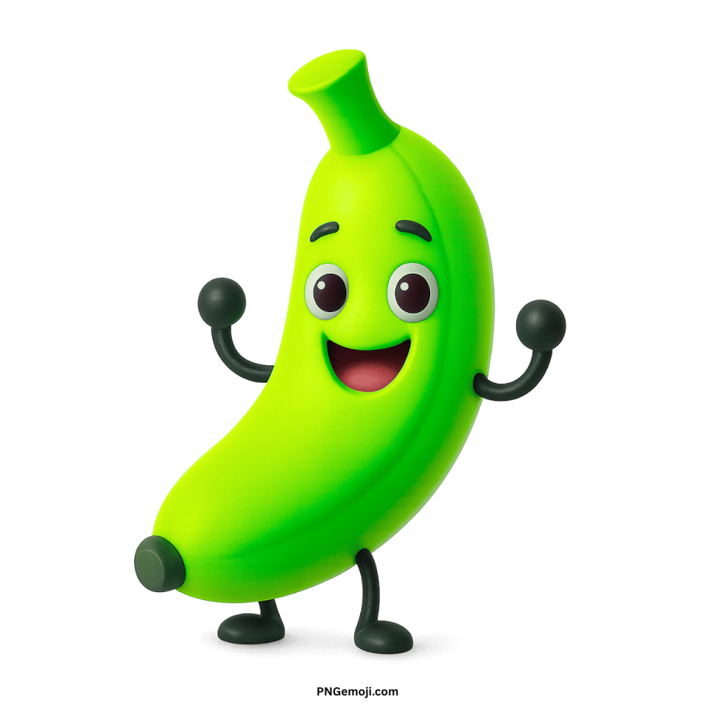 Funny 3D green banana character smiling with arms up, joyful cartoon