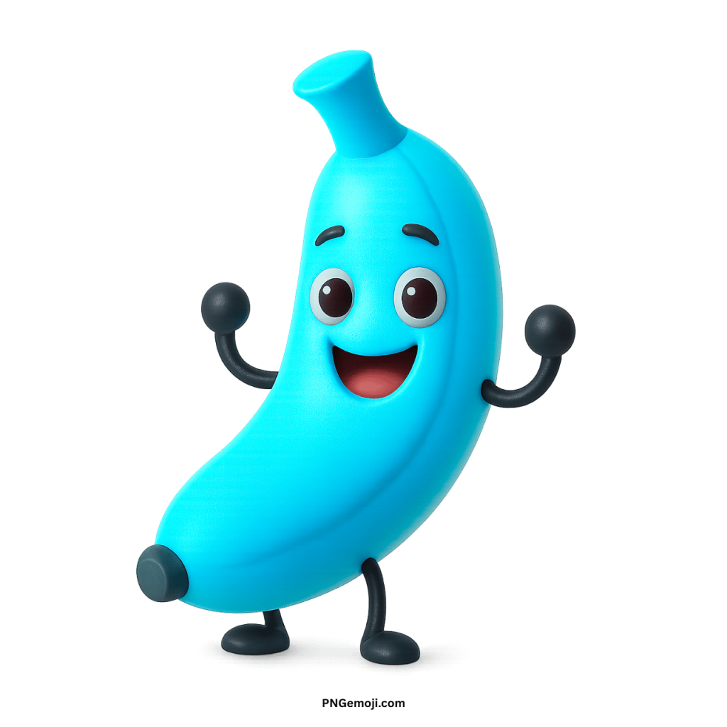 Funny 3D light blue banana character smiling with arms up, joyful cartoon