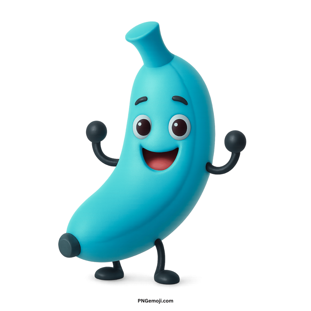 Funny 3D muted blue banana character smiling with arms up, joyful cartoon