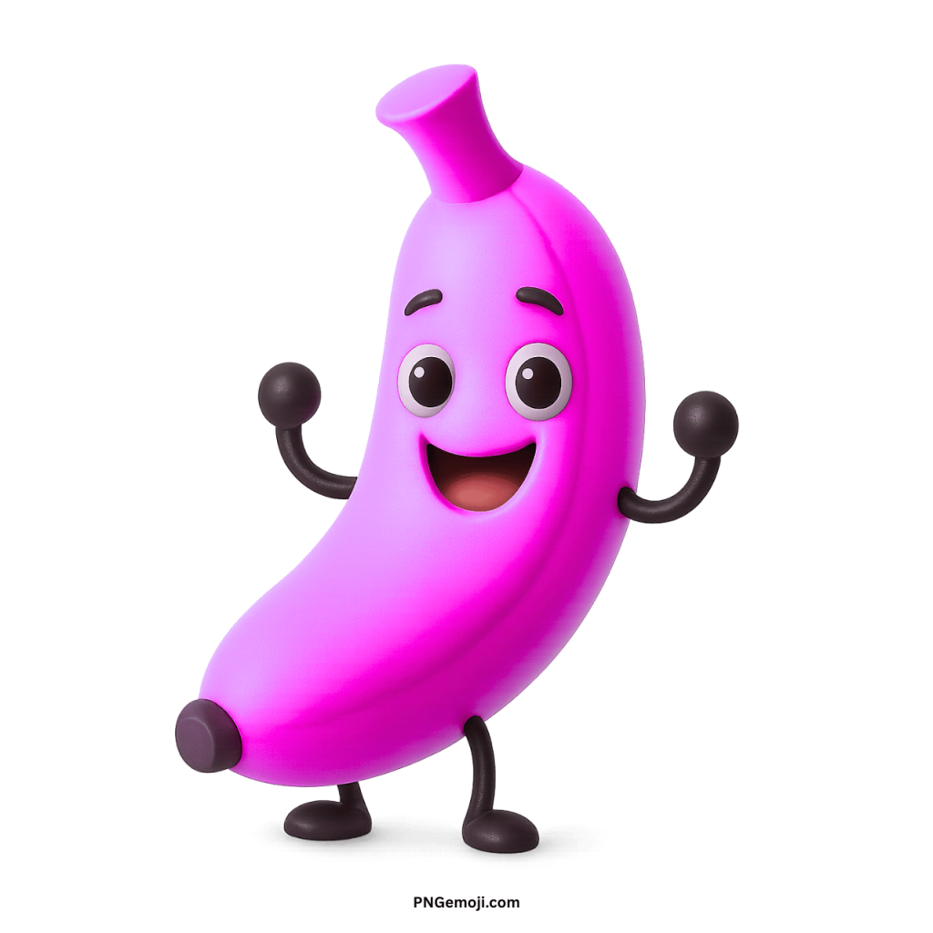 Funny 3D pink banana character smiling with arms up, joyful cartoon