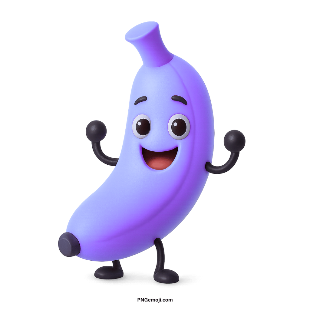 Funny 3D purple banana character smiling with arms up, joyful cartoon