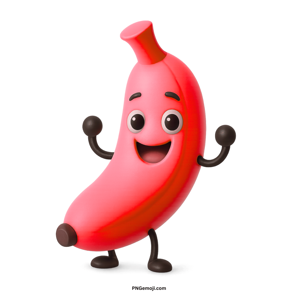 Funny 3D red banana character smiling with arms up, joyful cartoon