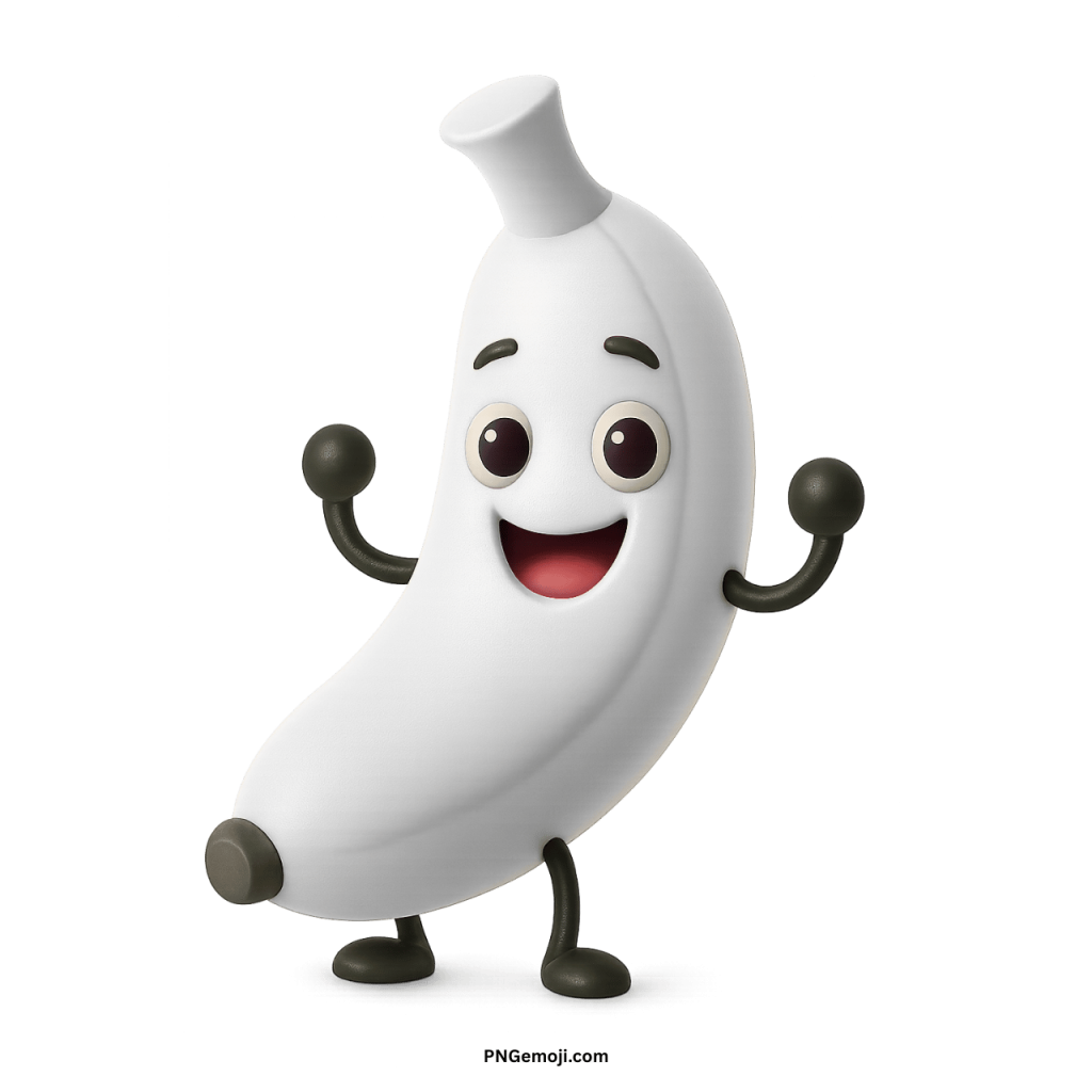 Funny 3D white banana character smiling with arms up, joyful cartoon
