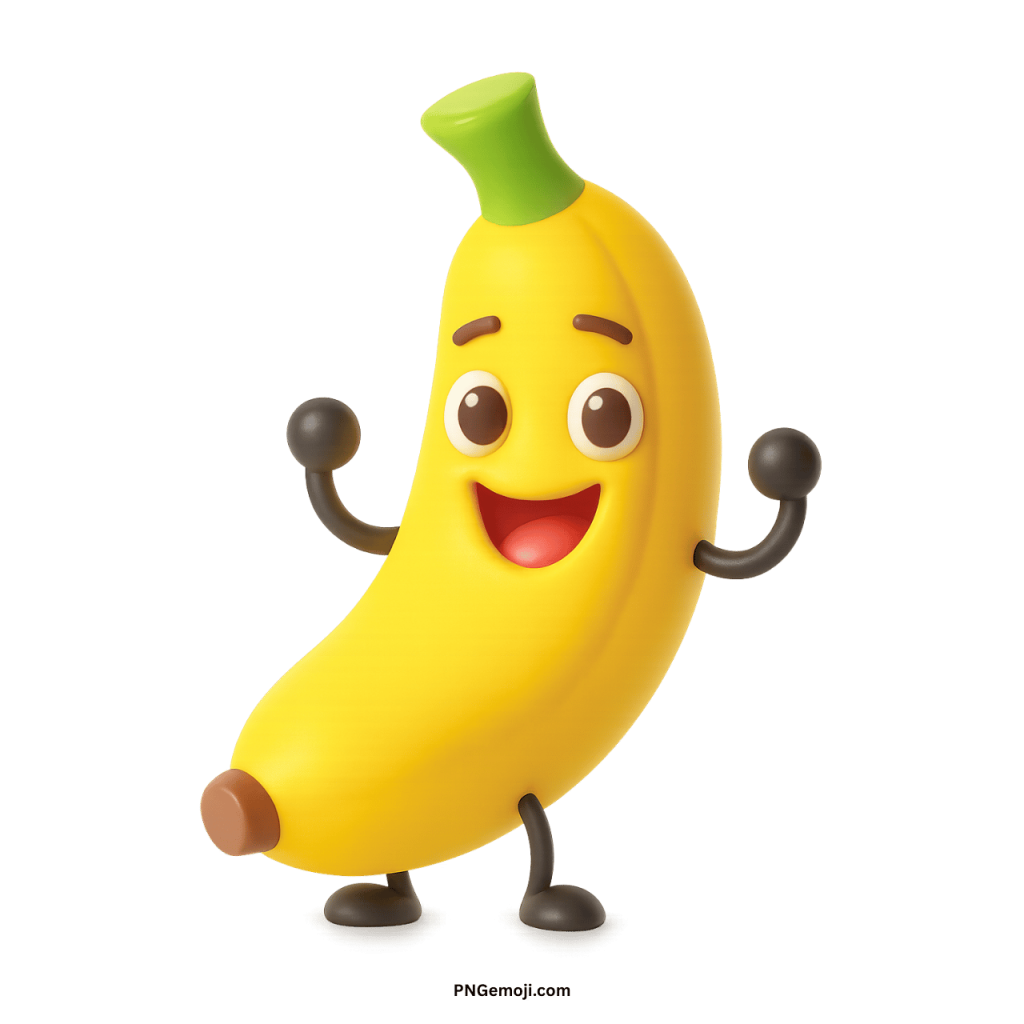 Funny 3D yellow banana character smiling with arms up, joyful cartoon