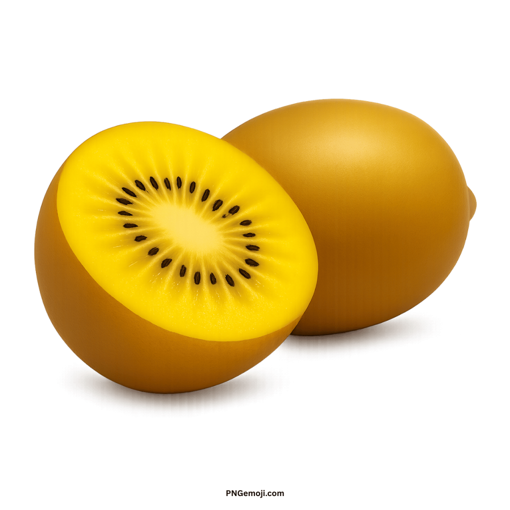Whole and sliced golden kiwi fruit, bright yellow flesh, dark seeds, 3D render