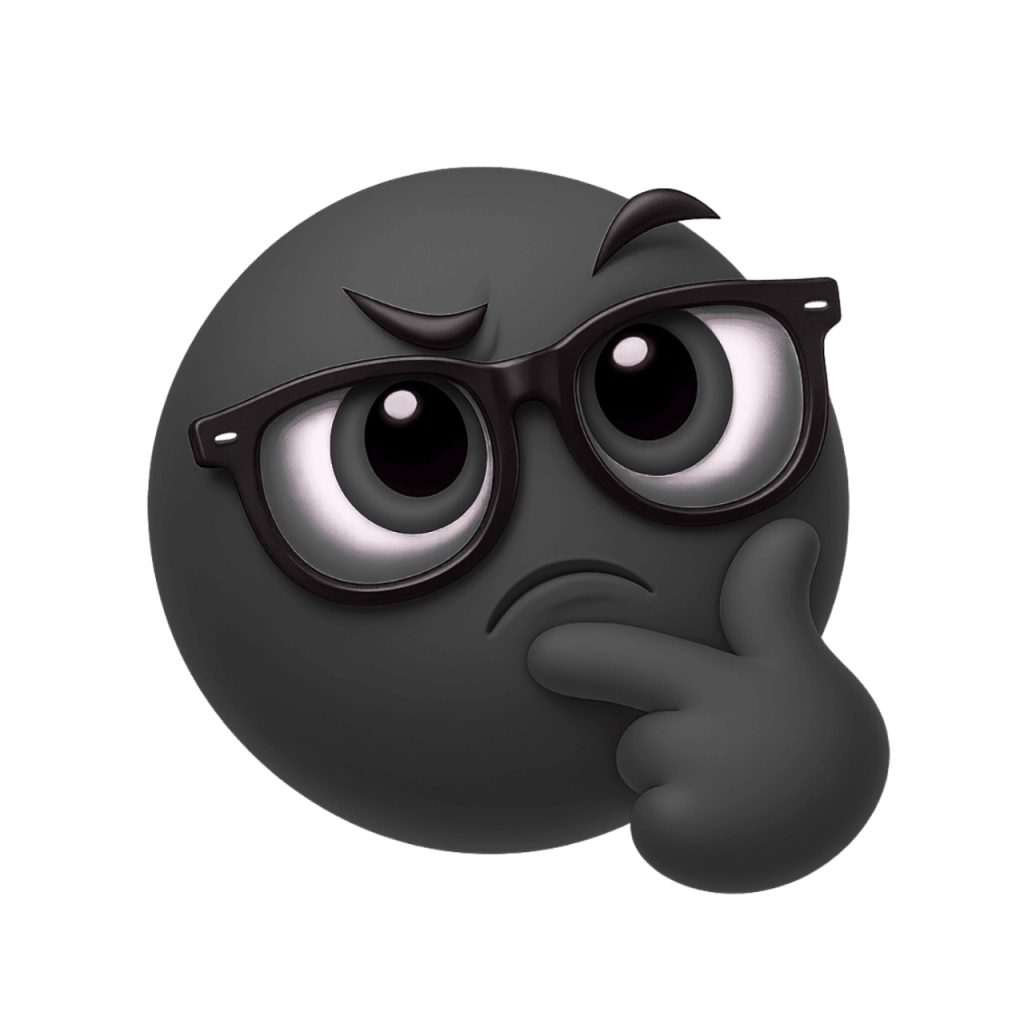 A dark gray nerd-thinking emoji wearing glasses, with a hand on its chin, deep in thought.