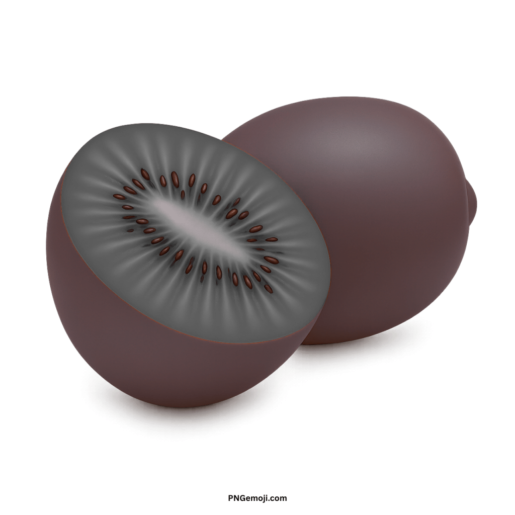 Whole and sliced grayscale kiwi fruit with reddish skin, 3D render
