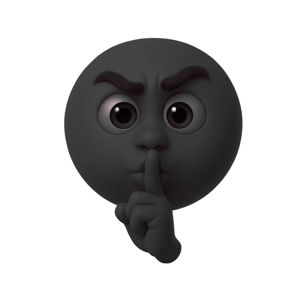 3D rendered grayscale shushing face emoji with finger on lips, expressive