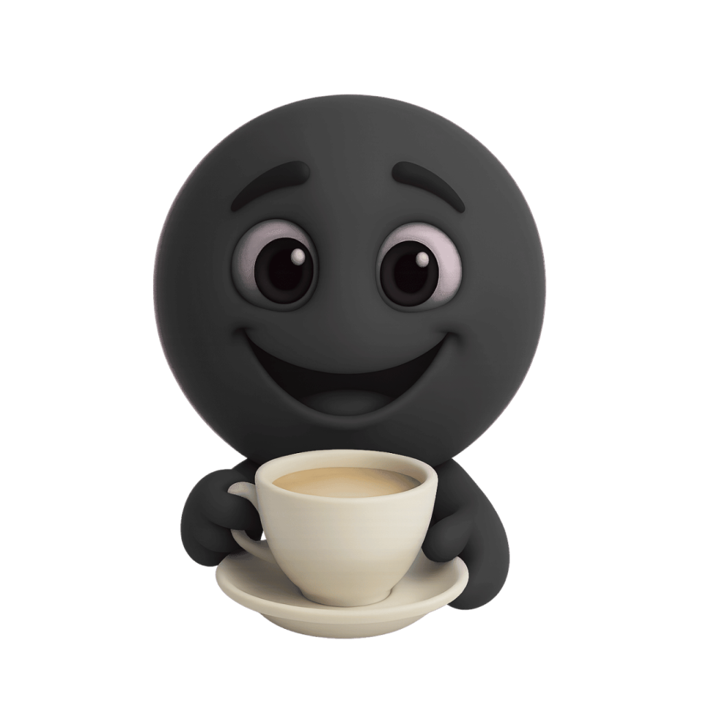 3D rendered grayscale smiley face emoji holding a cup of coffee, minimalist