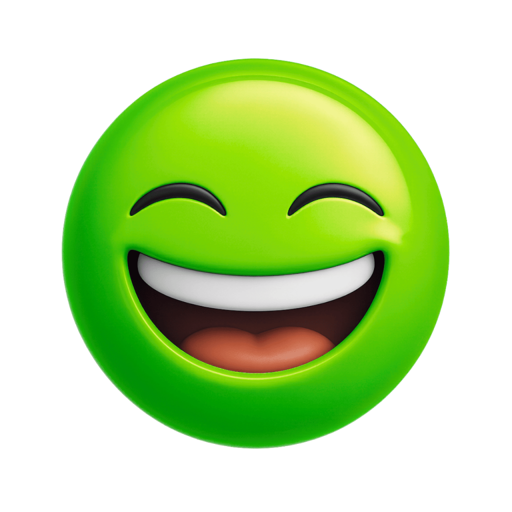 Green joyful face emoji laughing with closed eyes and wide smile, expressing happiness.