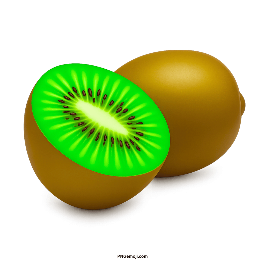 Whole and sliced green kiwi fruit, vibrant flesh, dark seeds, 3D render