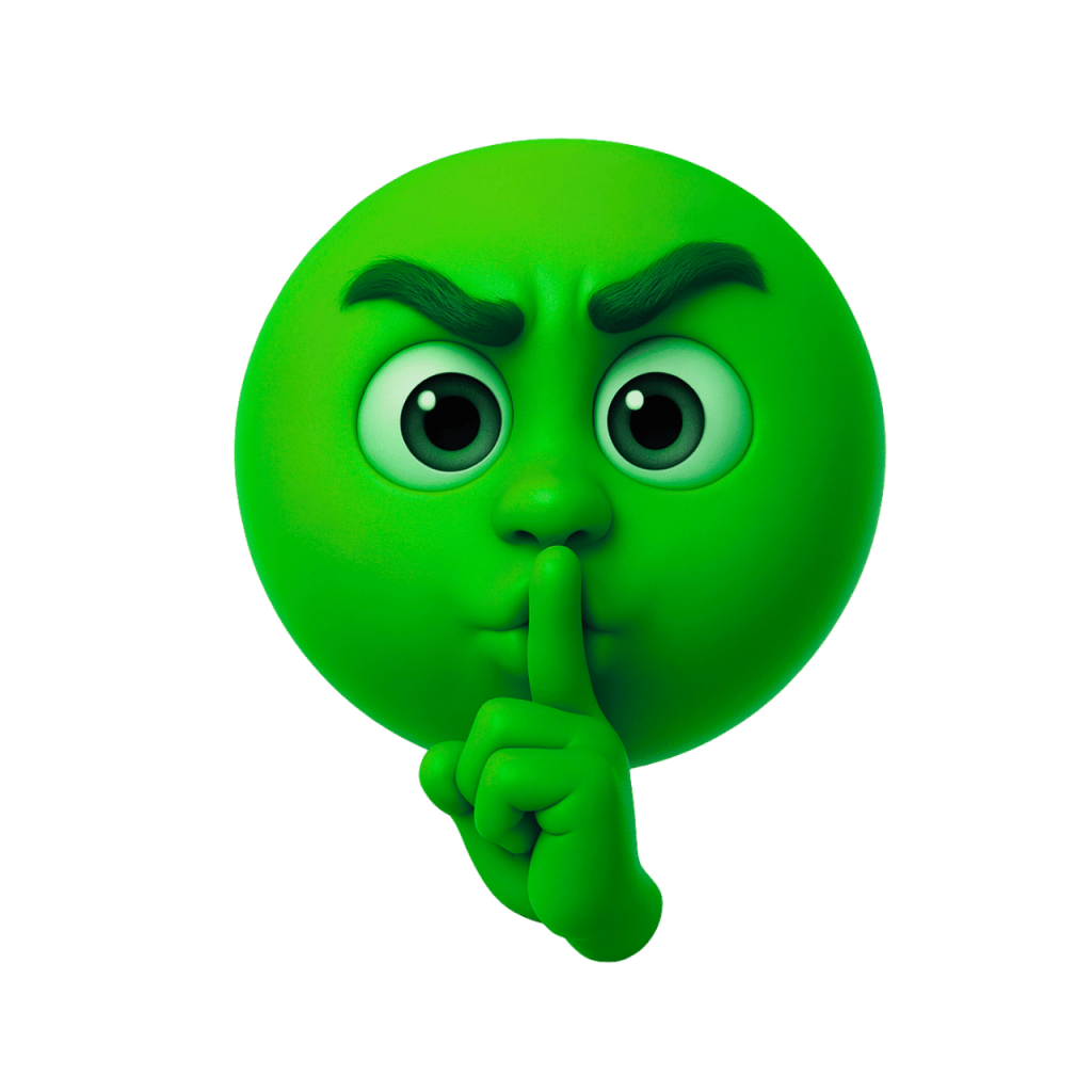 3D rendered green shushing face emoji with finger on lips, expressive