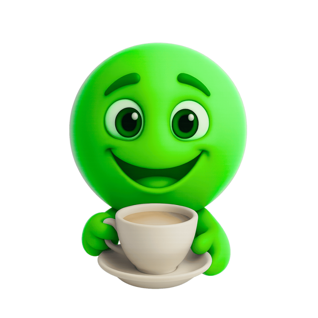 3D rendered green smiley face emoji holding a cup of coffee, cheerful