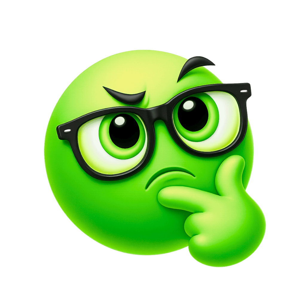 A green nerd-thinking emoji wearing glasses, with a hand on its chin, deep in thought.