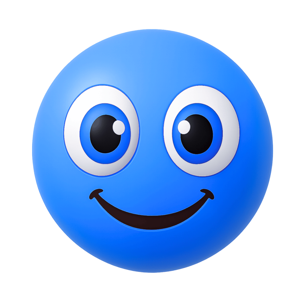 A happy blue Joobi-style emoji with wide eyes and a cheerful smile.
