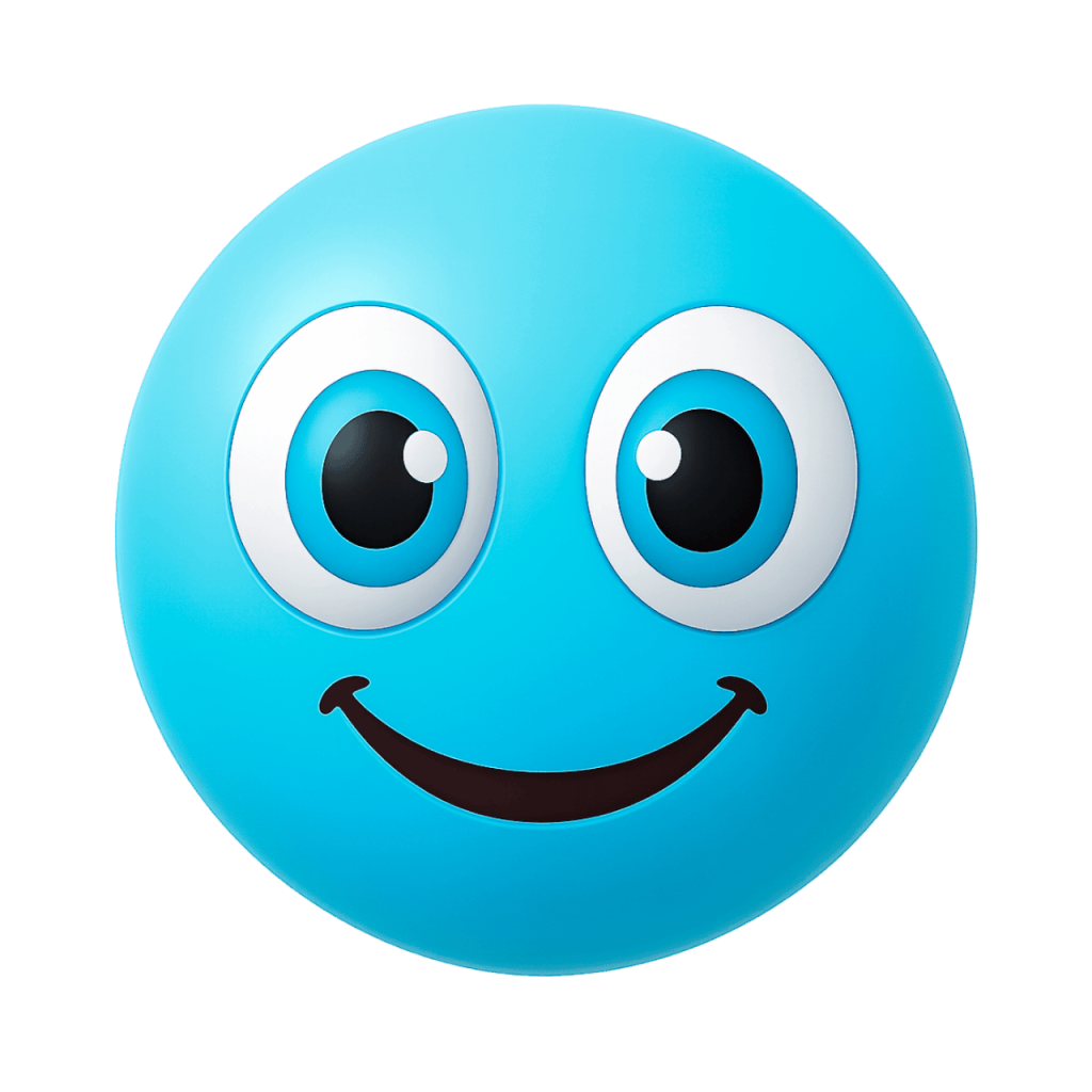 A happy cyan Joobi-style emoji with wide eyes and a cheerful smile.