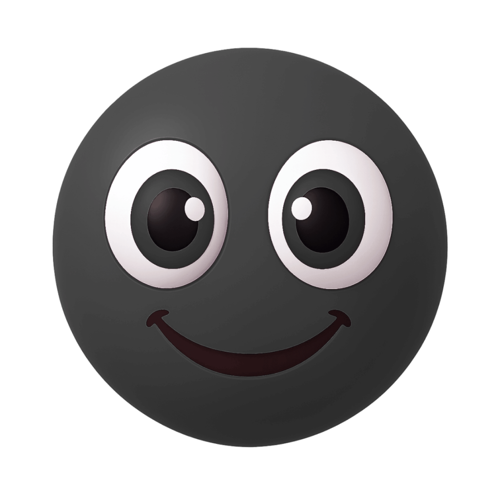 A happy dark gray Joobi-style emoji with wide eyes and a cheerful smile.