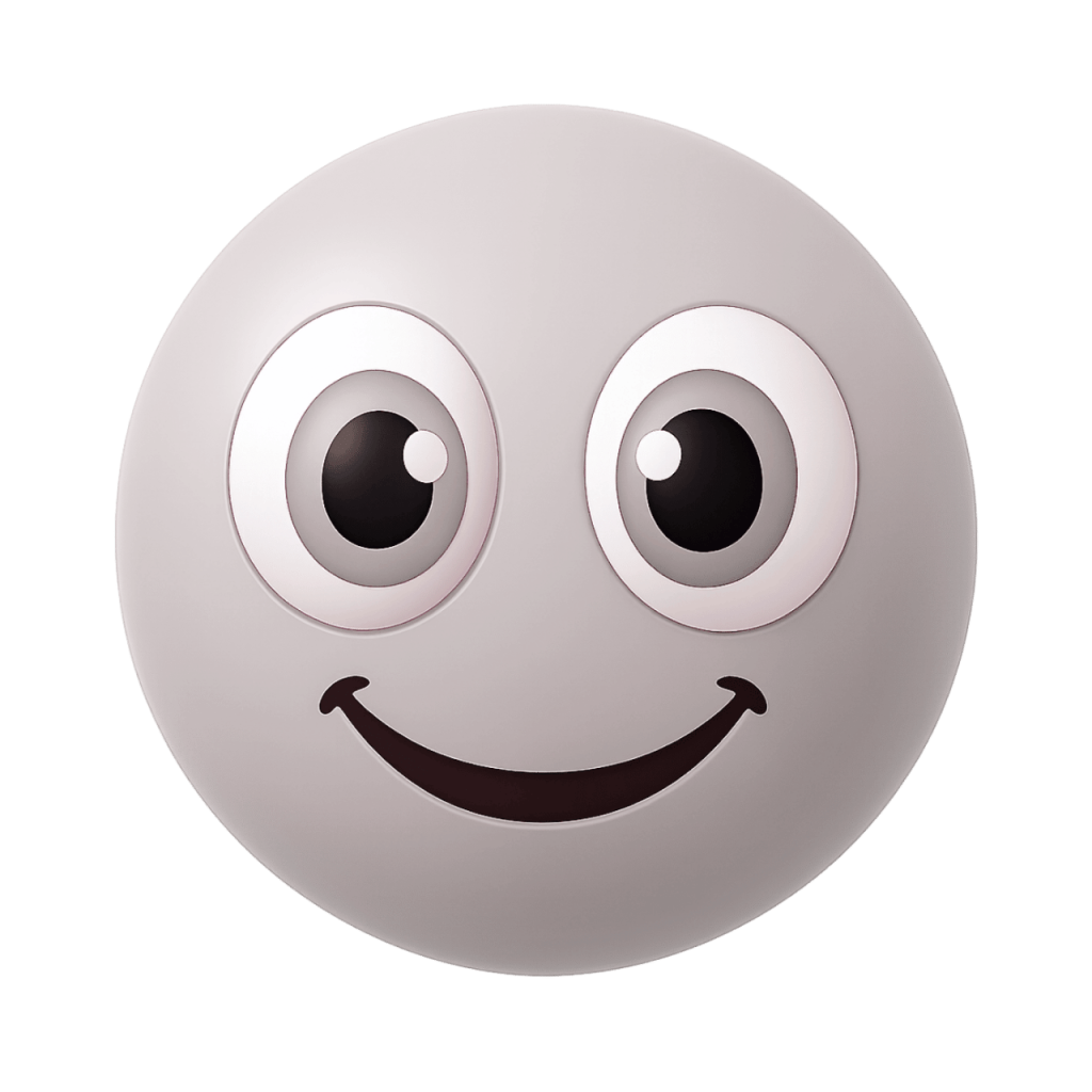 A happy light gray Joobi-style emoji with wide eyes and a cheerful smile.