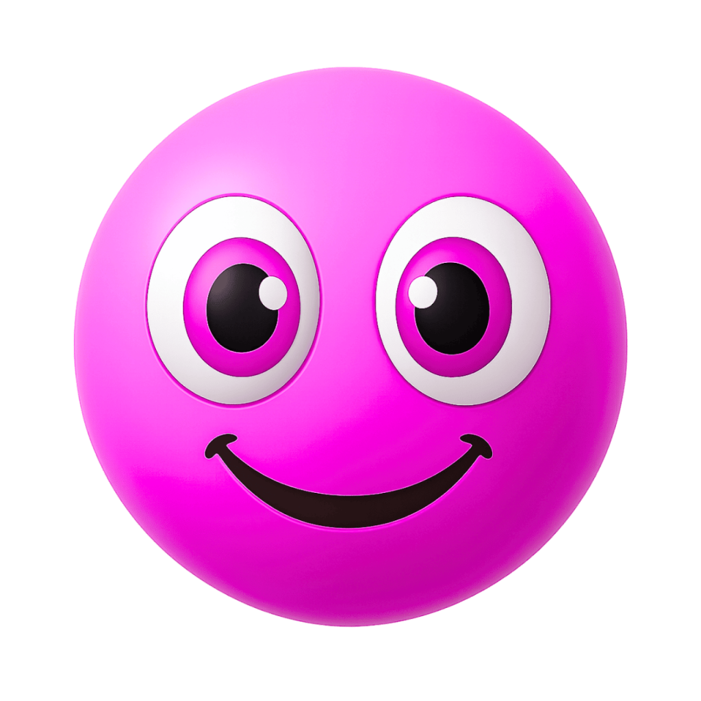A happy pink Joobi-style emoji with wide eyes and a cheerful smile.