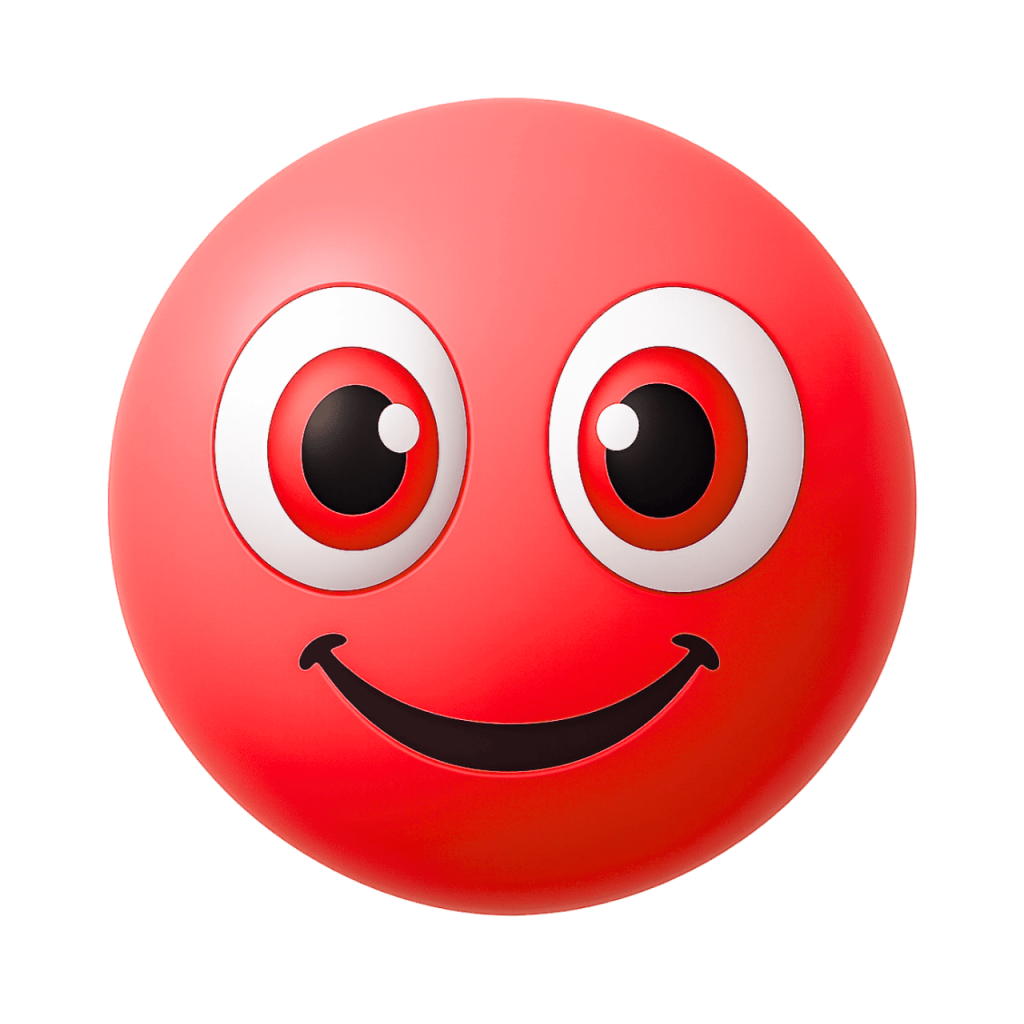 A happy red Joobi-style emoji with wide eyes and a cheerful smile.