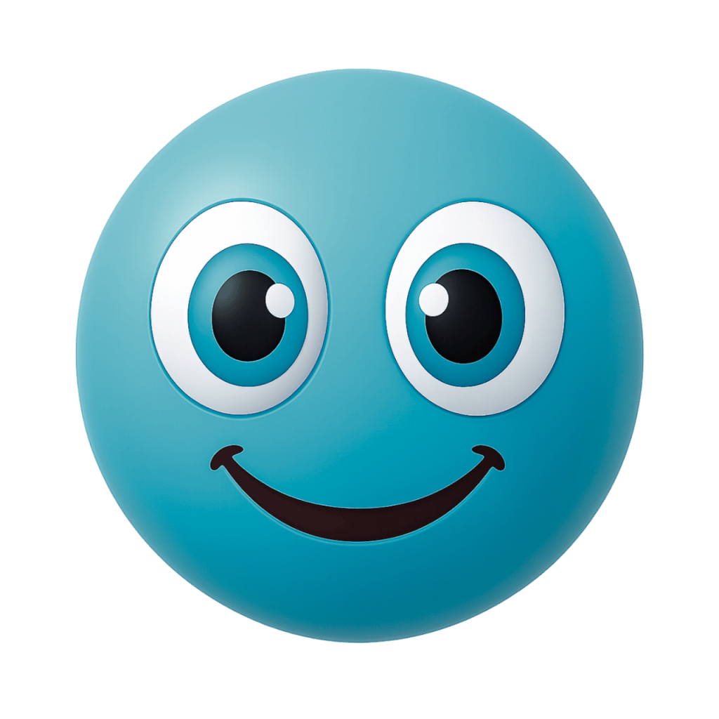 A happy teal Joobi-style emoji with wide eyes and a cheerful smile.