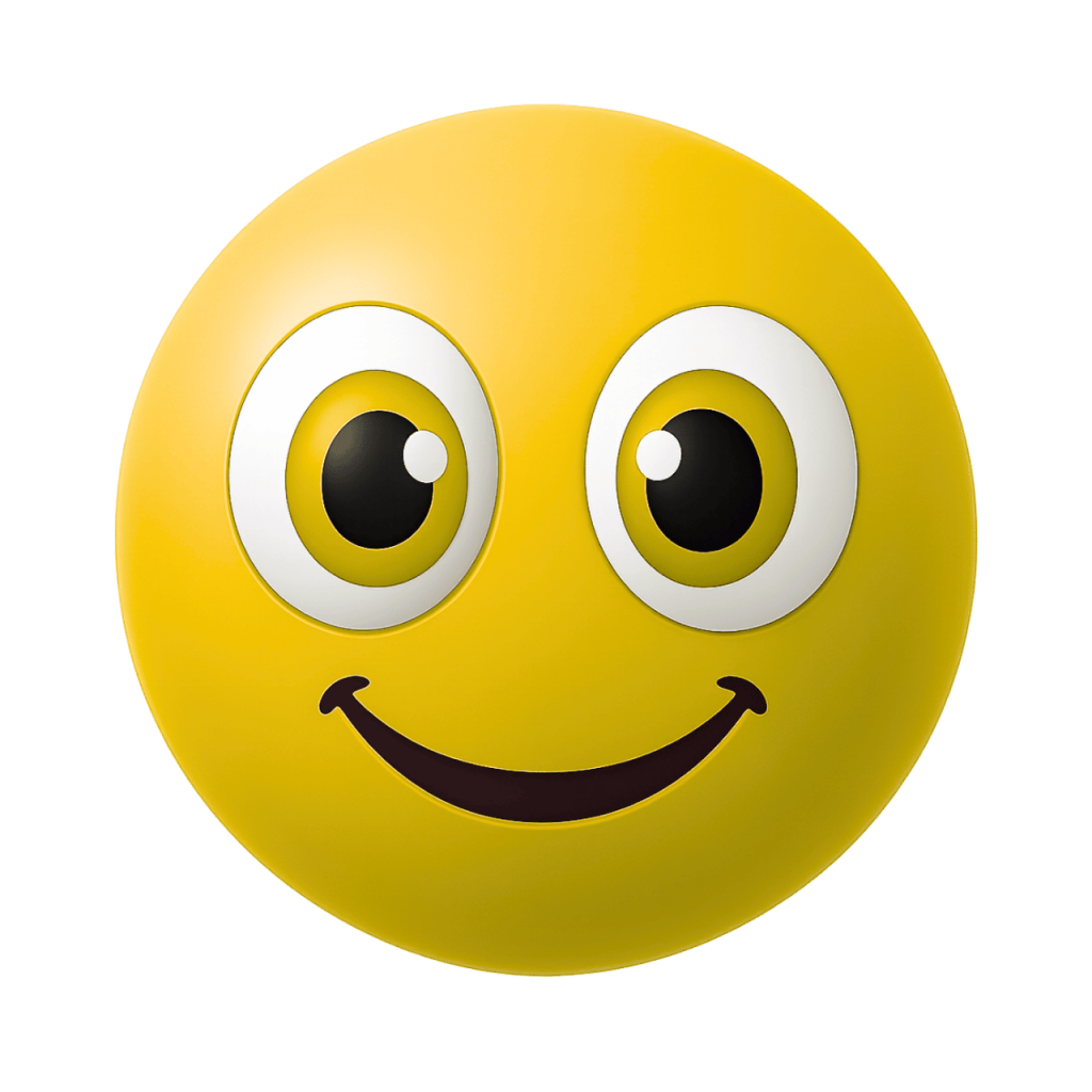 A happy yellow Joobi-style emoji with wide eyes and a cheerful smile.