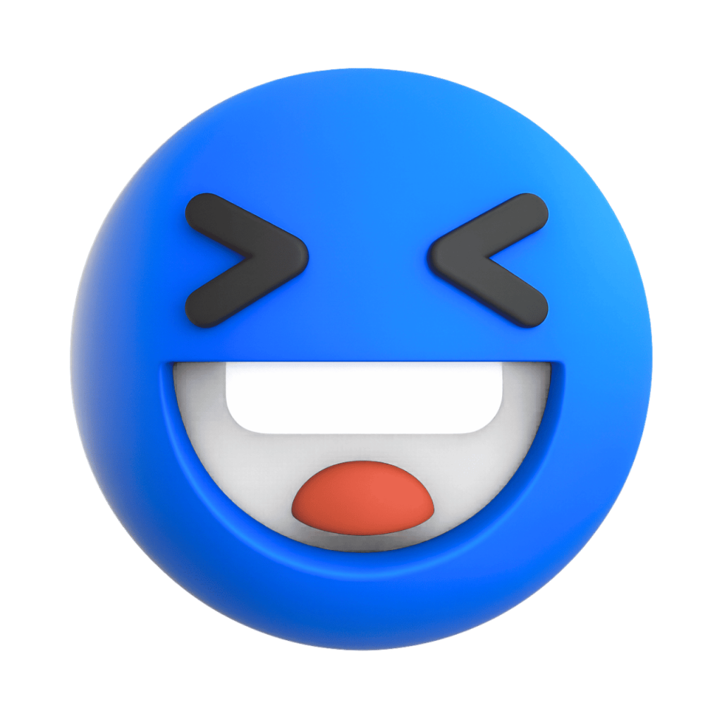 Blue 3D laughing squinting face emoji with wide open mouth and closed eyes on black background.
