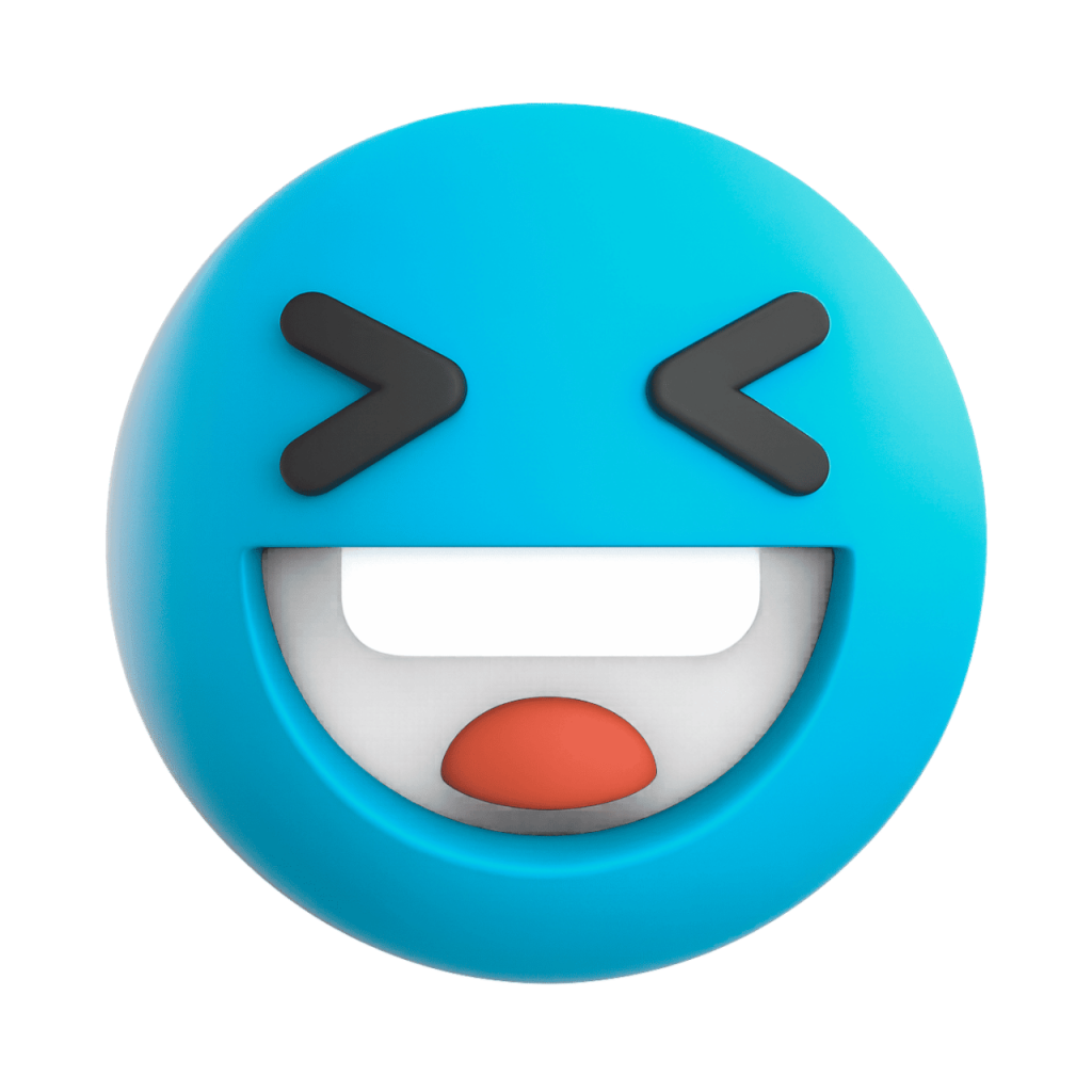Cyan 3D laughing squinting face emoji with wide open mouth and closed eyes on black background.