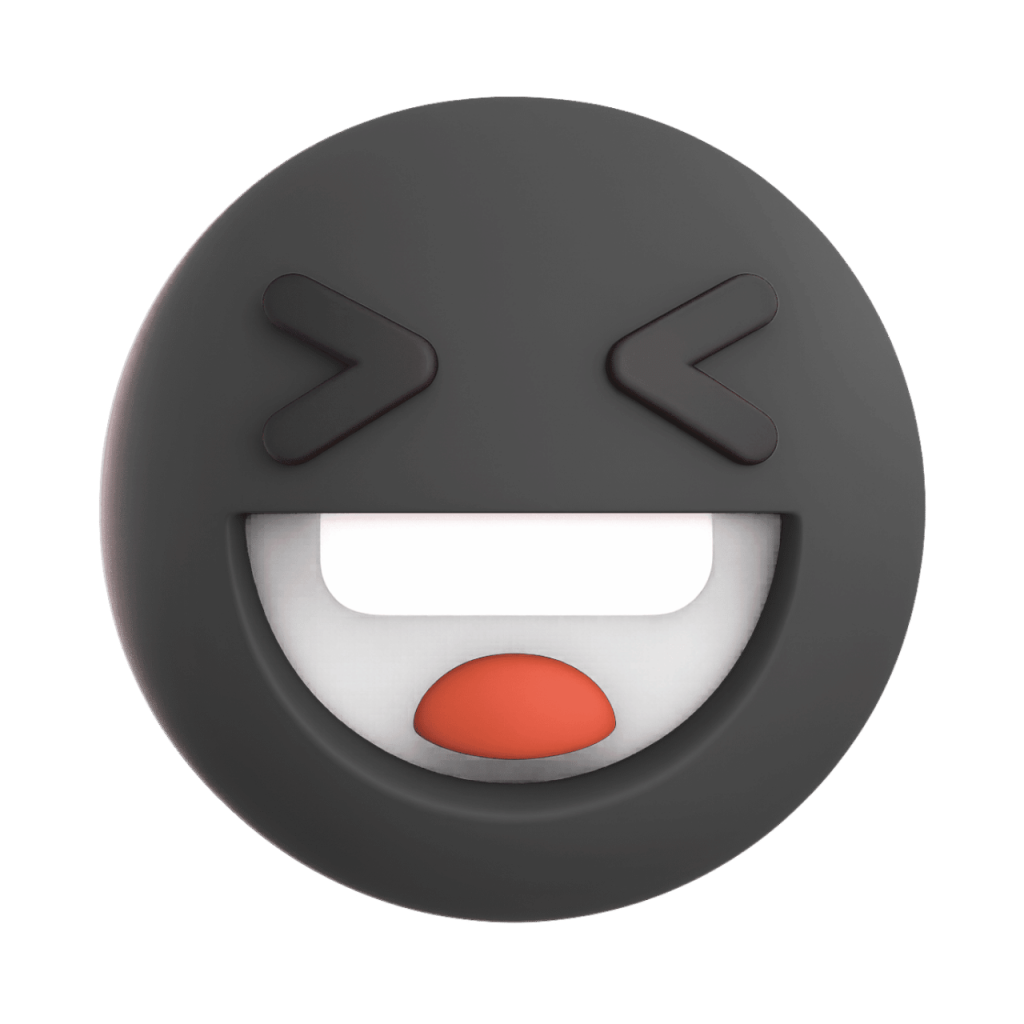 Gray 3D laughing squinting face emoji with wide open mouth and closed eyes on black background.