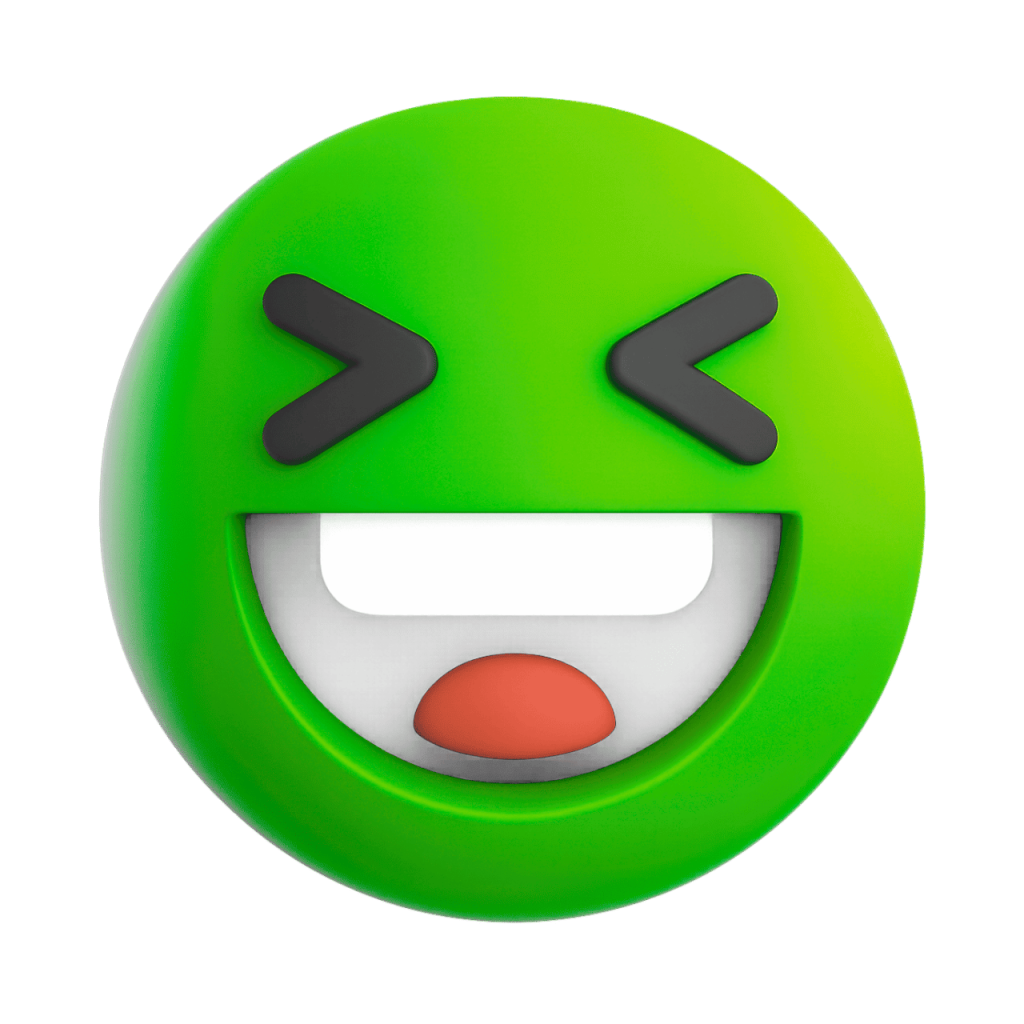 Green 3D laughing squinting face emoji with wide open mouth and closed eyes on black background.