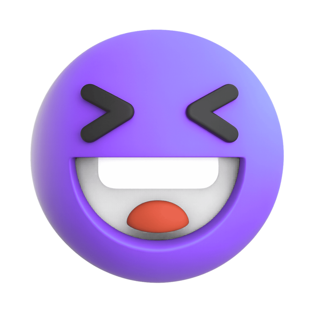 Lavender 3D laughing squinting face emoji with wide open mouth and closed eyes on black background.
