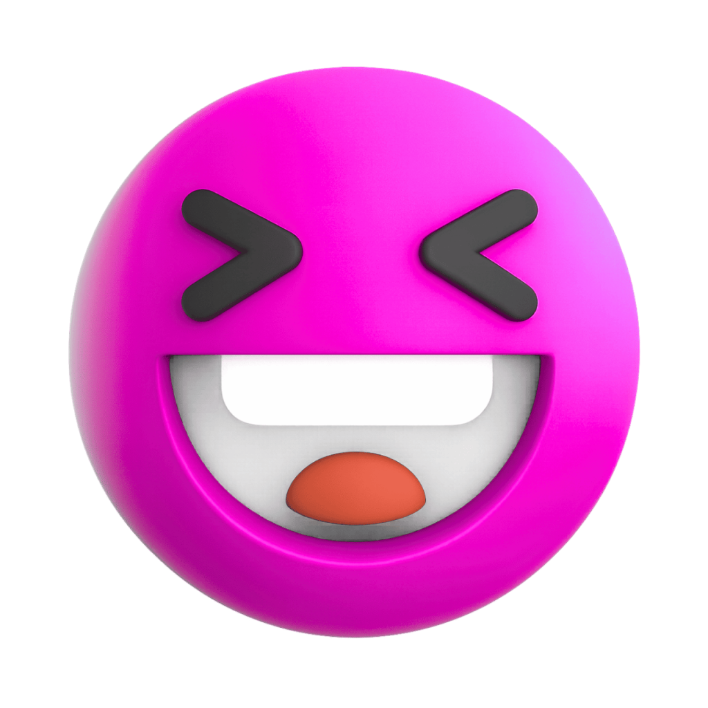 Magenta 3D laughing squinting face emoji with wide open mouth and closed eyes on black background.